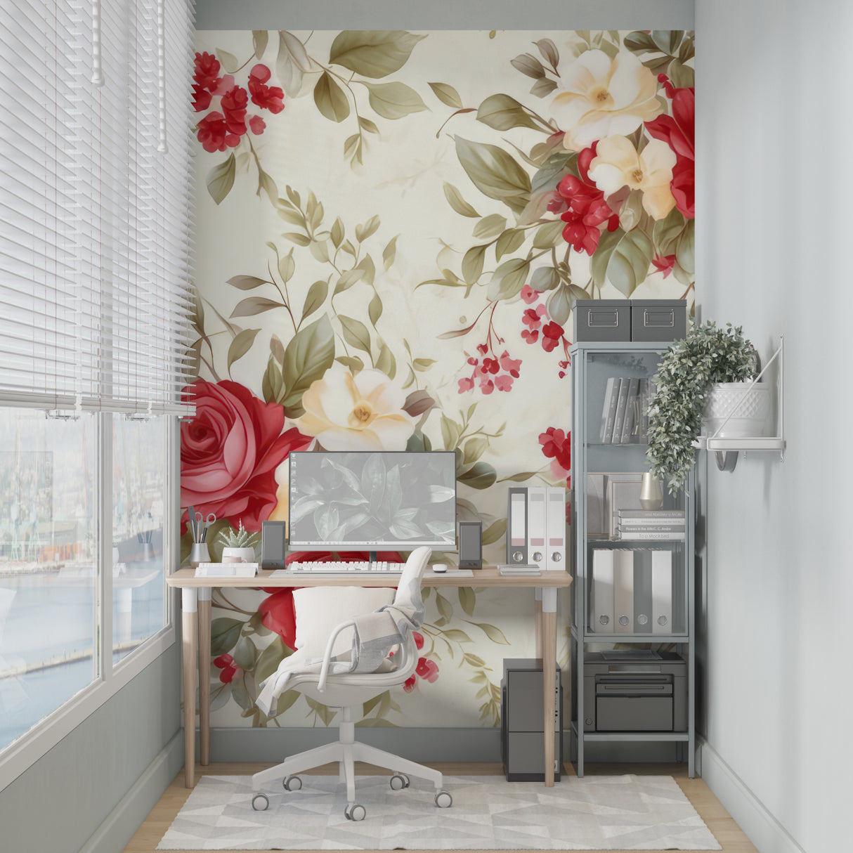 Vintage floral mural making a statement in an entry hallway