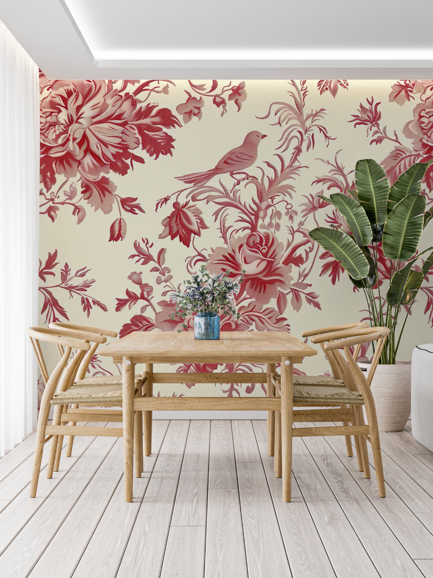 Red Toile de Jouy wallpaper in elegant dining room with crystal chandelier and white wainscoting