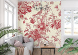 Master bedroom with vintage red toile wallpaper creating romantic atmosphere