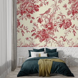 Powder room makeover with red floral toile wallpaper and brass fixtures
