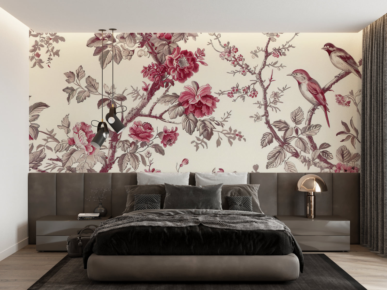 Rose and bird mural wallpaper creating a focal point in a modern living room
