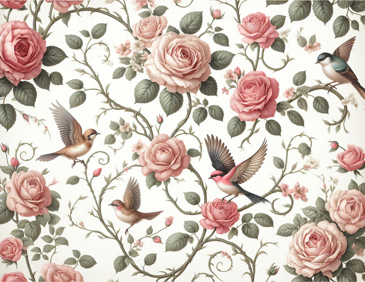 Rose garden wallpaper design file showing detailed vintage pink roses and graceful birds pattern