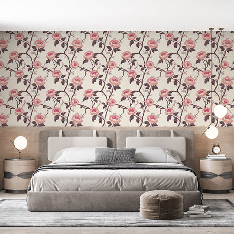Vintage rose wallpaper mural creating a soft, romantic atmosphere in a bright master bedroom with natural light