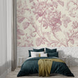 Vintage Rose Toile Wallpaper in bright master bedroom showing French country style and soft pink tones