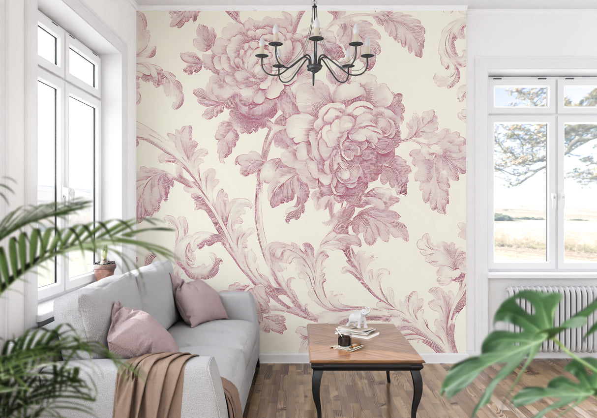 Rose Toile Wallpaper featured in cozy dining room with natural light