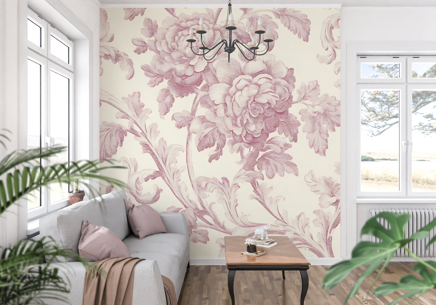 Rose Toile Wallpaper featured in cozy dining room with natural light