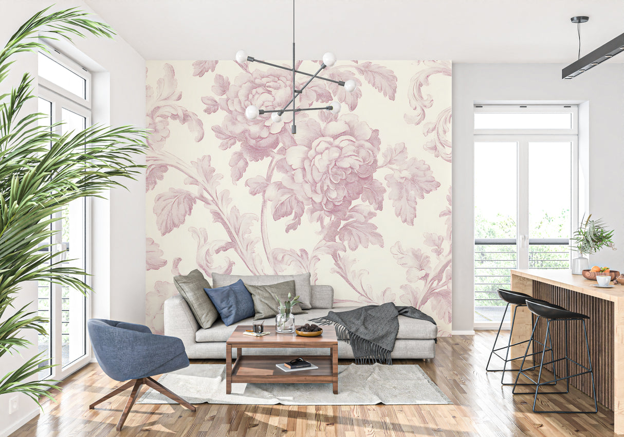 Pink Toile de Jouy Wallpaper creating elegant accent wall in living room
