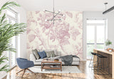 Pink Toile de Jouy Wallpaper creating elegant accent wall in living room