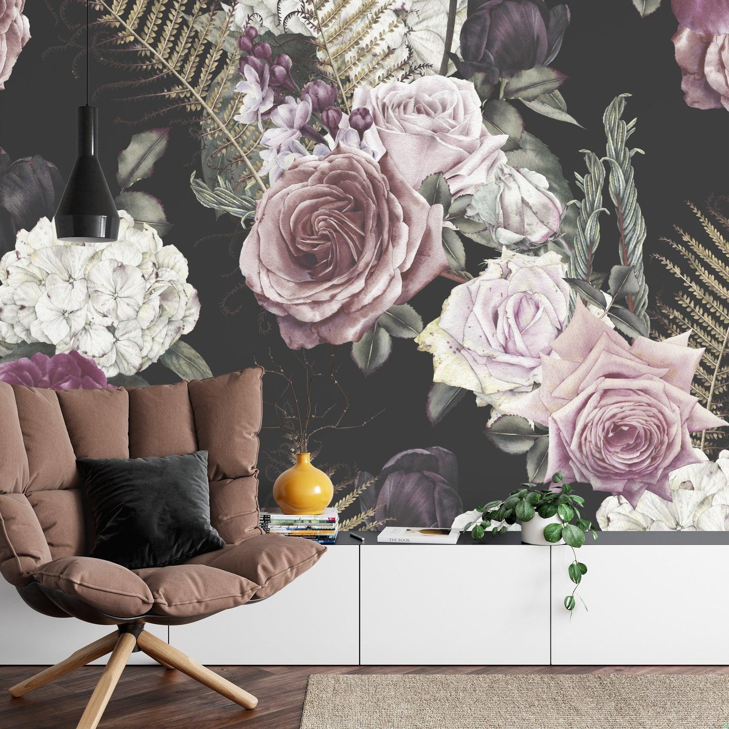 Dark floral wallpaper with vintage roses creating a cozy atmosphere in a modern living room