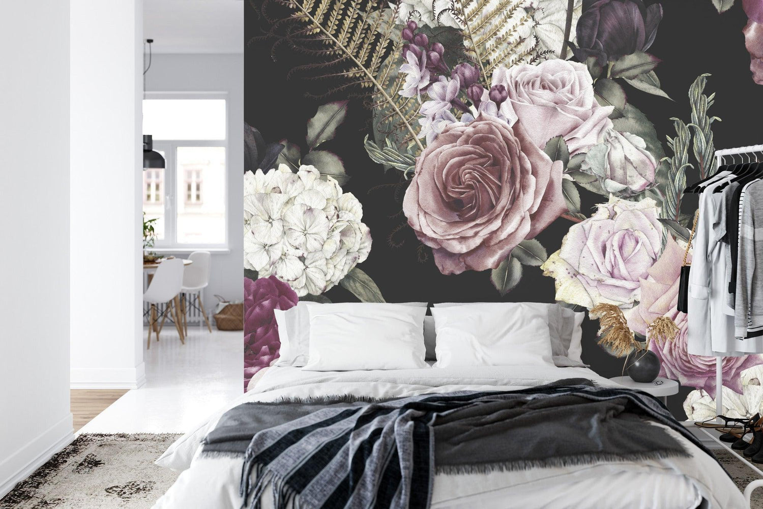 Vintage rose wall mural adding drama to an elegant dining room setting