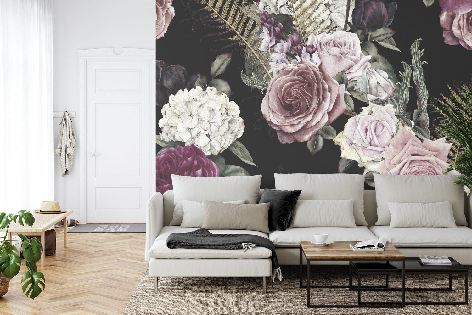 Moody floral wallpaper transforming a master bedroom into a romantic retreat