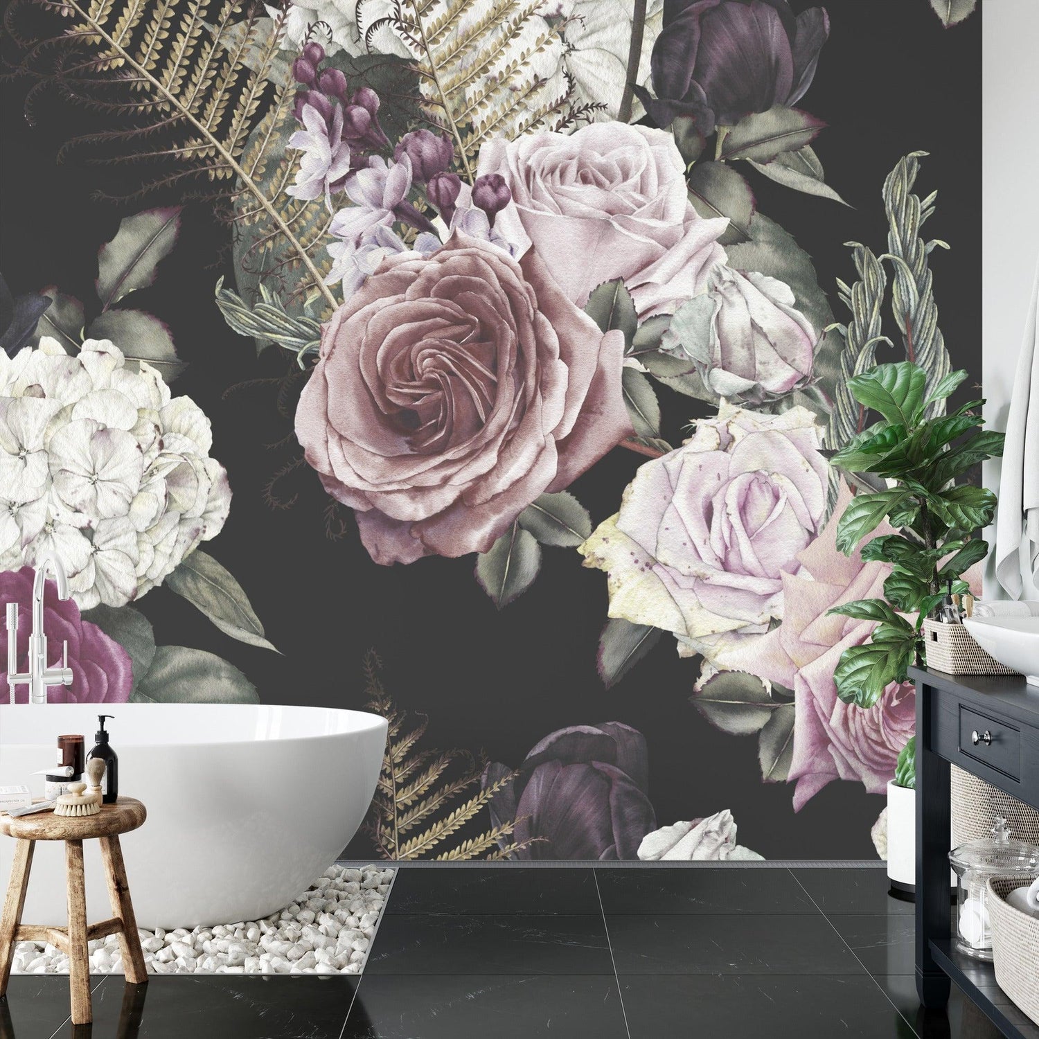 Dark botanical wallpaper making a statement in a sophisticated home office