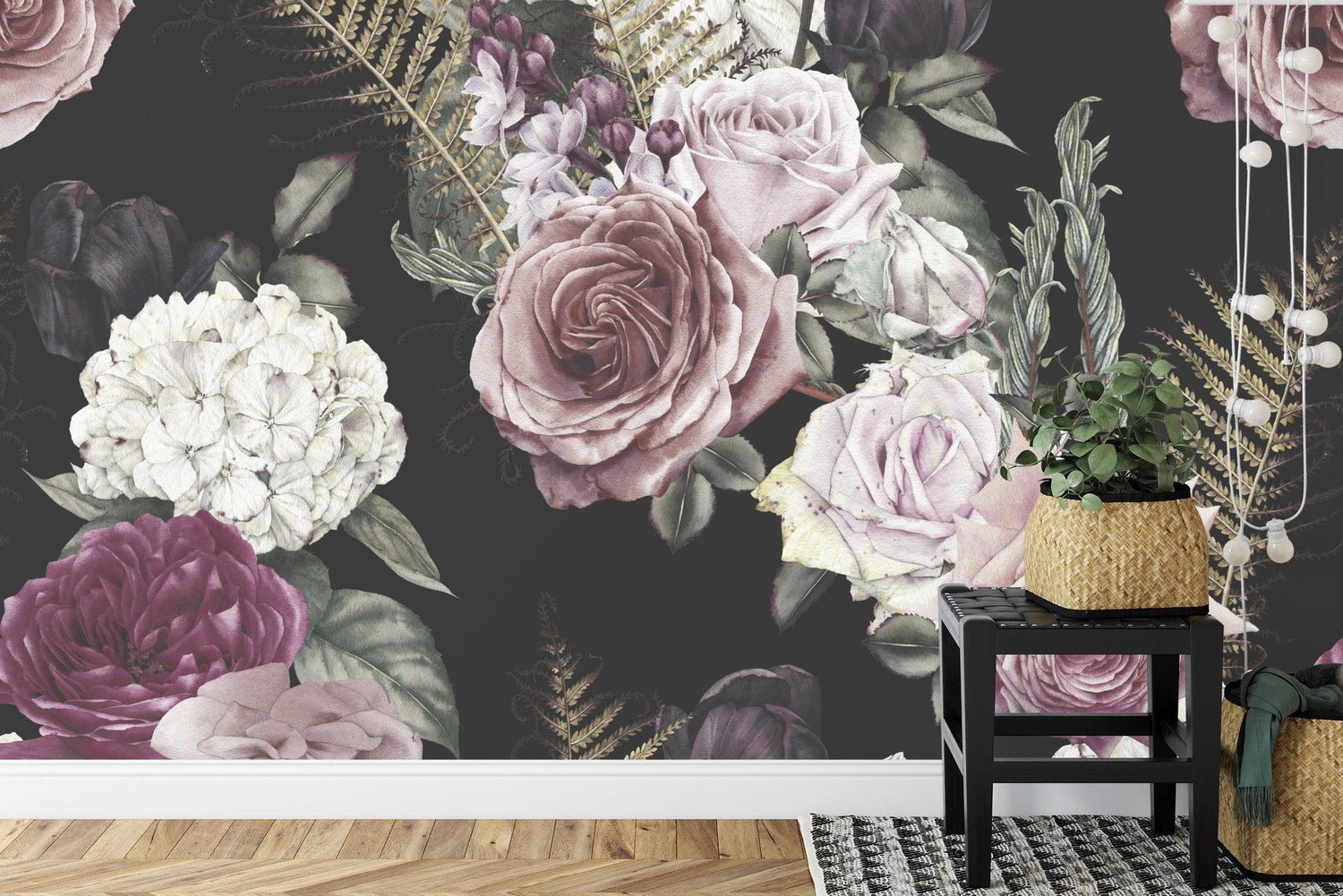 Dramatic rose mural creating depth in a powder room setting