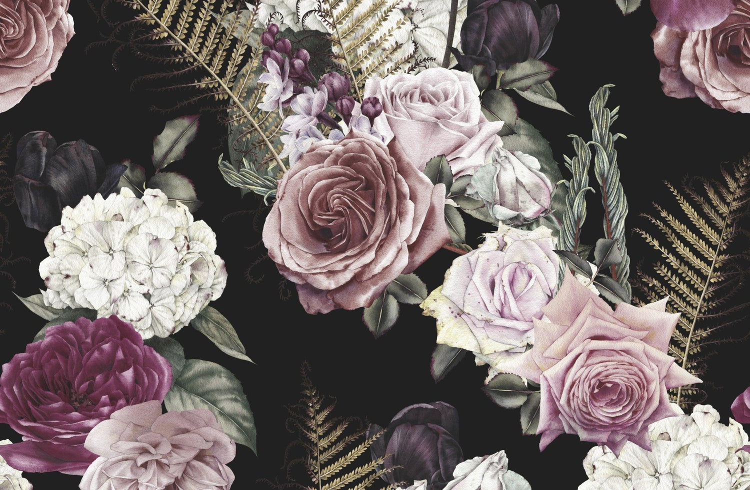 Design file showing detailed vintage roses and hydrangeas pattern on dark background