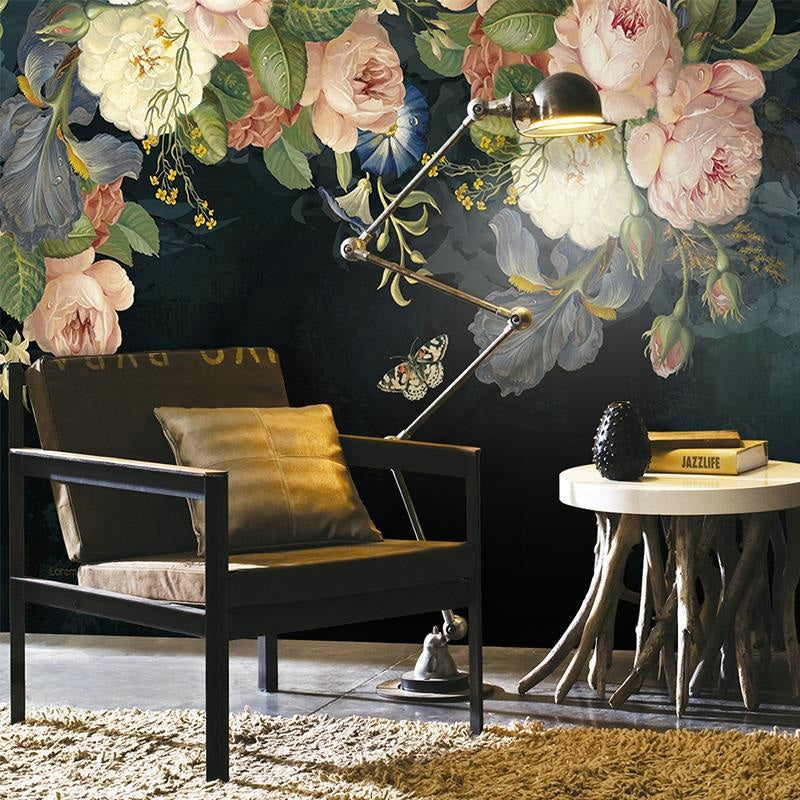 Vintage rose wallpaper adorning a cozy bedroom wall, showing scale and dramatic impact