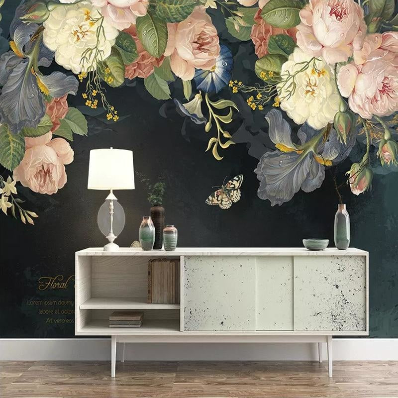 Floral mural wallpaper showcased in a dining room, highlighting the dark background contrast