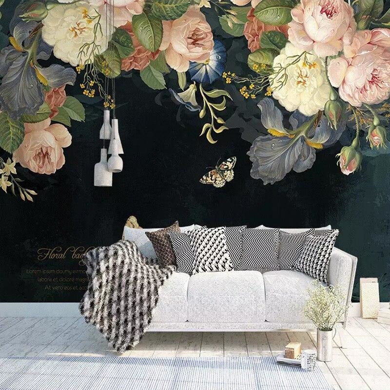 Dark vintage rose wallpaper in an entryway, demonstrating its welcoming effect