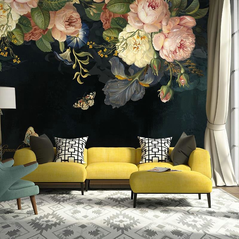 Close-up of vintage floral wallpaper in a home office setting, showing intricate rose details