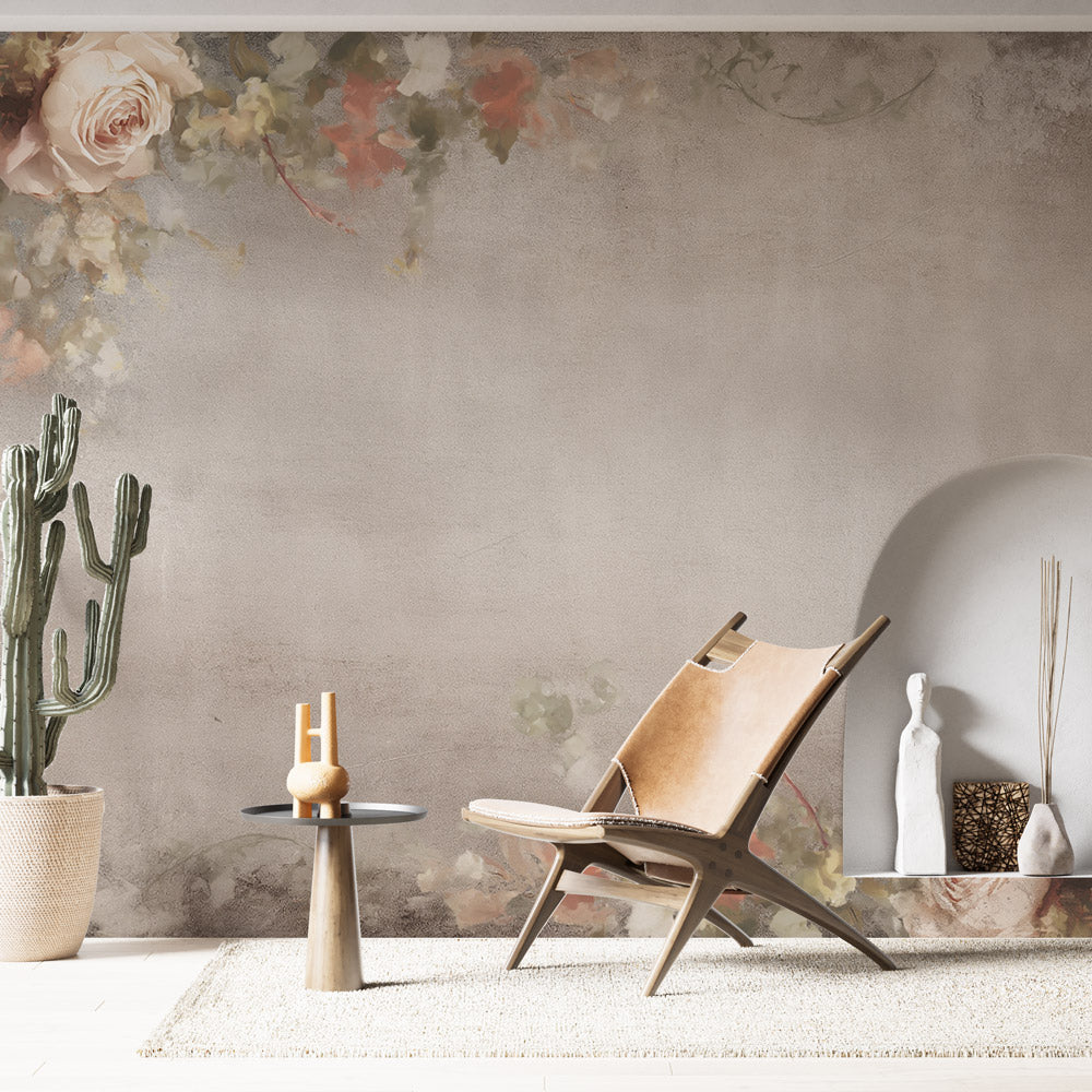 Vintage rose wallpaper mural in an elegant master bedroom with soft grey walls and plush furnishings