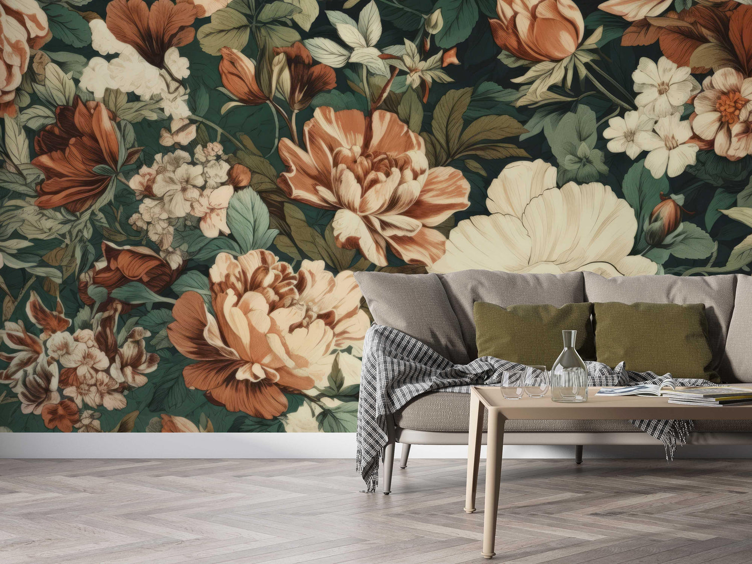 Vintage floral wallpaper with terracotta and cream blooms creating a cozy atmosphere in a modern living room