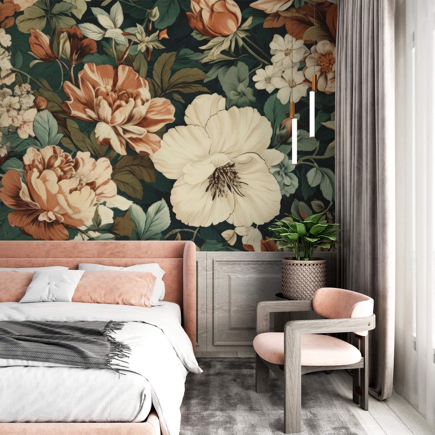 Botanical wall mural with oversized cream peonies making a stunning backdrop in a bright dining room