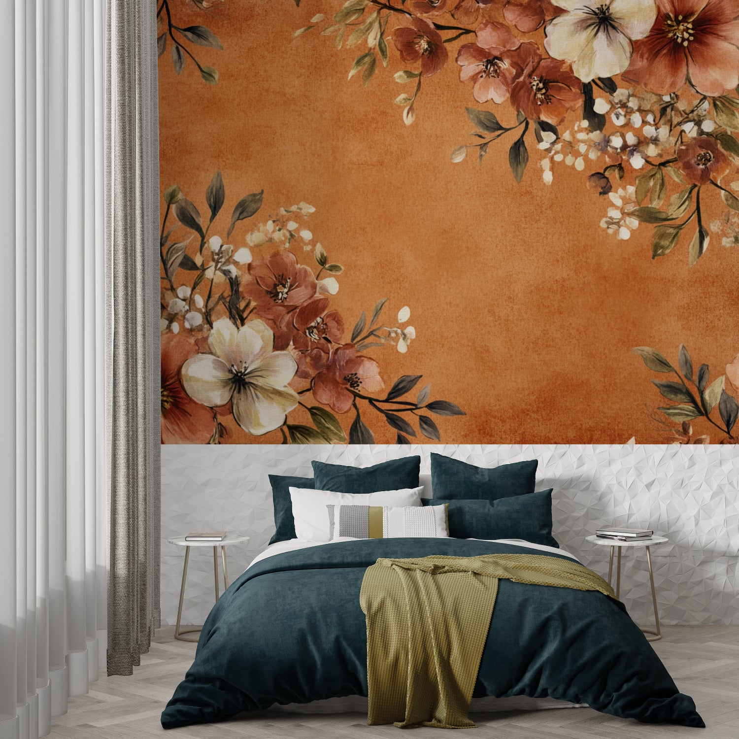 Floral mural wallpaper in bedroom showing detailed vintage blooms and green foliage