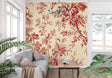 Red Toile de Jouy wallpaper in elegant dining room with crystal chandelier and white wainscoting