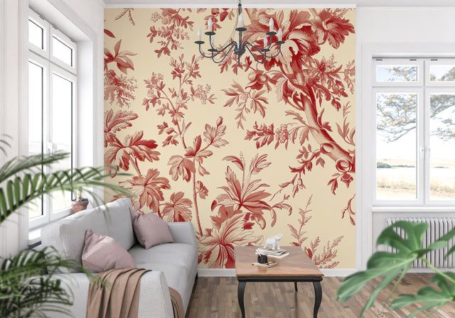 Red Toile de Jouy wallpaper in elegant dining room with crystal chandelier and white wainscoting