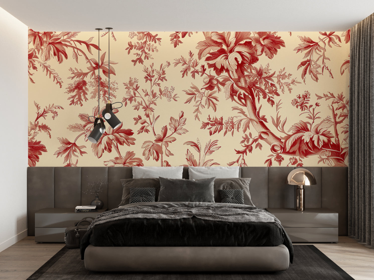 Vintage red floral wallpaper creating cozy atmosphere in master bedroom with brass bed frame