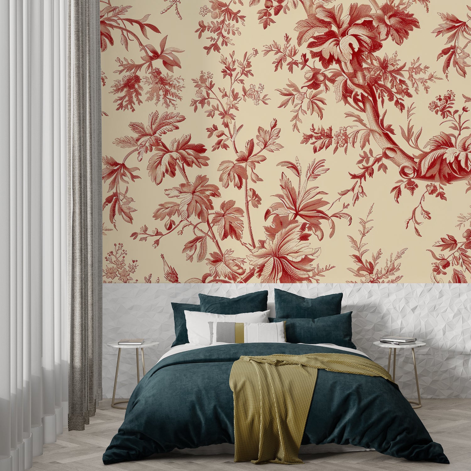 French country style living room featuring red Toile de Jouy pattern wall mural
