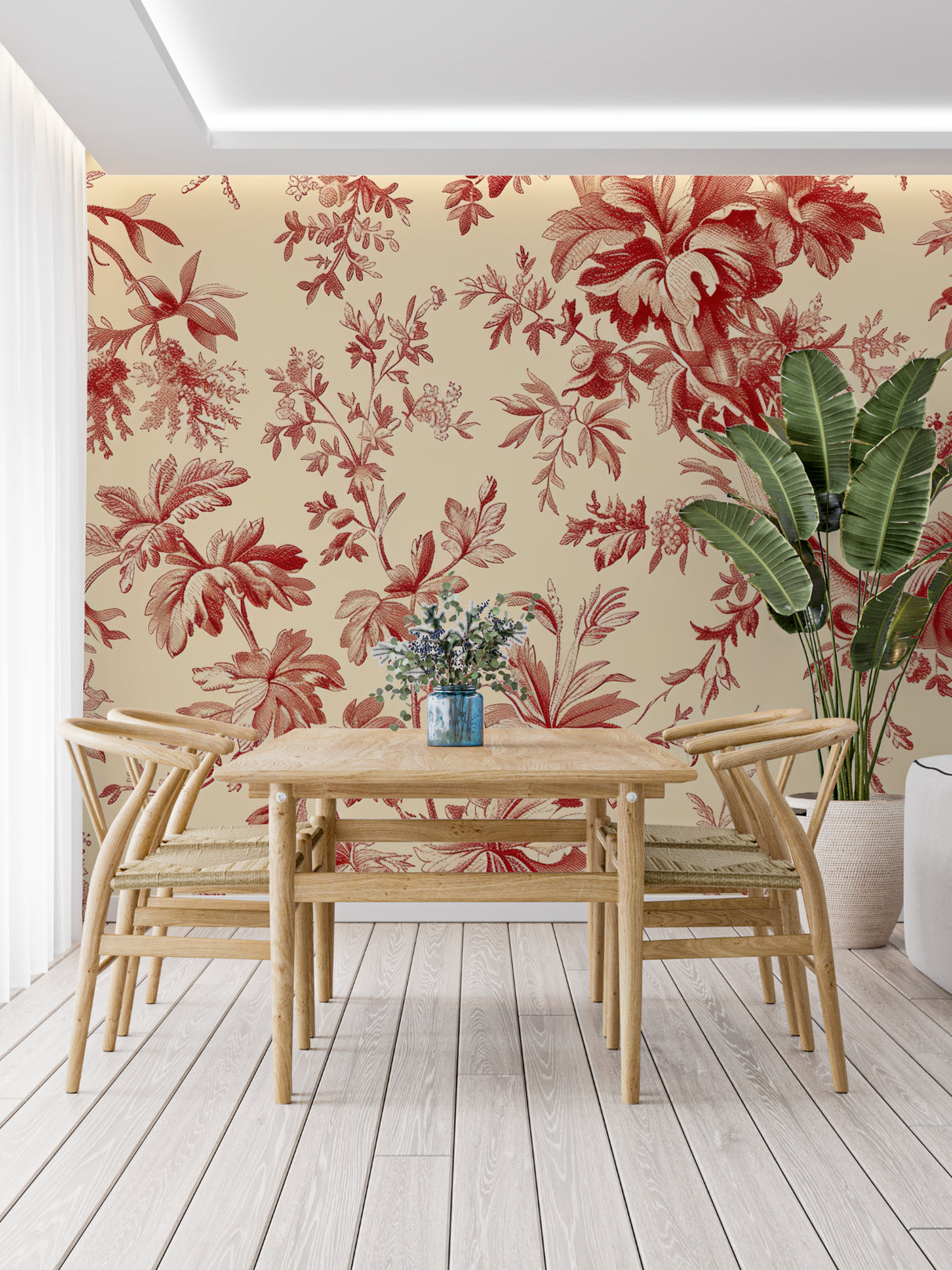 Powder room makeover with vintage red Toile de Jouy wallpaper and gold fixtures