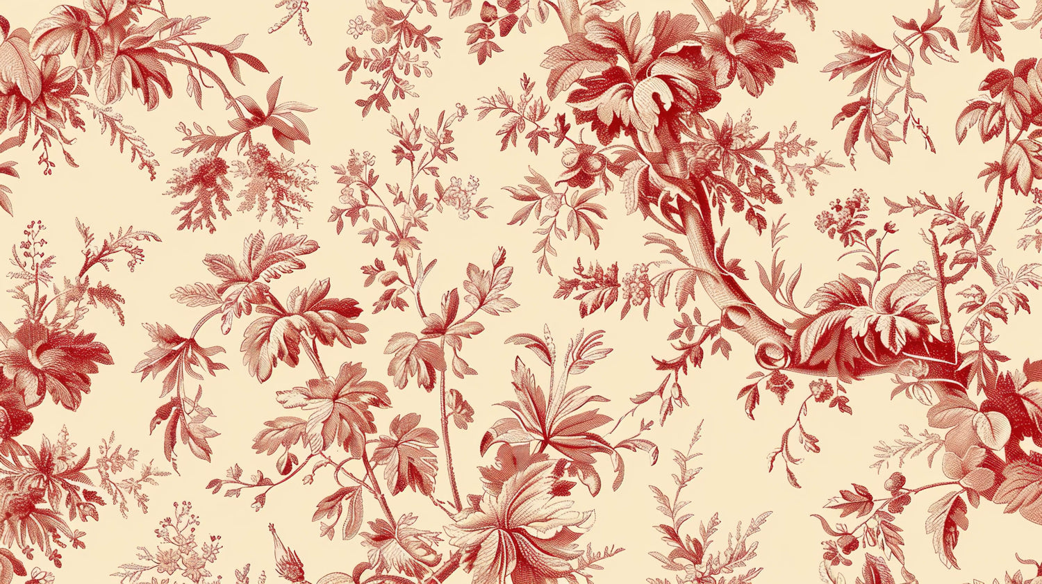 Toile de Jouy design file showing detailed red floral pattern on beige background