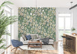 Vintage floral wallpaper with white daisies bringing fresh garden style to a modern living room