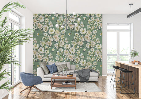 Vintage floral wallpaper with white daisies bringing fresh garden style to a modern living room
