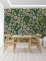Green floral wall mural adding natural charm to a dining room