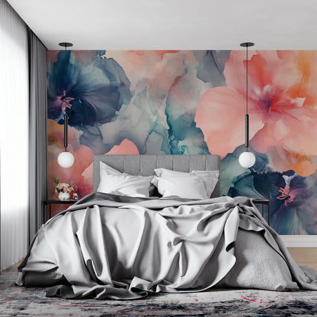 Watercolor floral wallpaper in modern living room showing pink and navy abstract petals creating depth