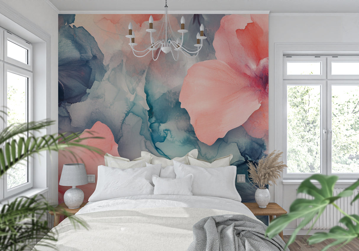 Abstract watercolor wallpaper bringing color to minimalist dining room