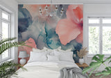 Abstract watercolor wallpaper bringing color to minimalist dining room
