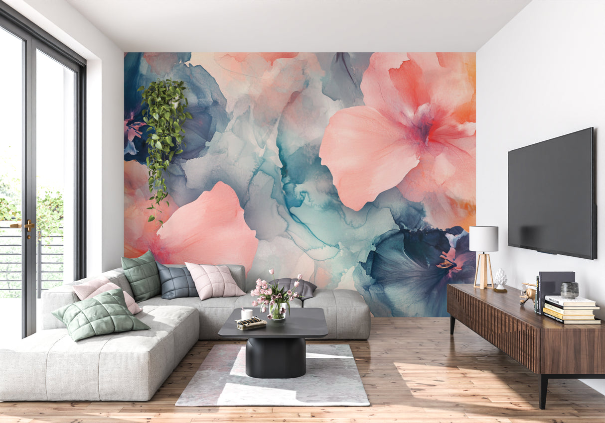 Watercolor petal design creating focal point in master bedroom