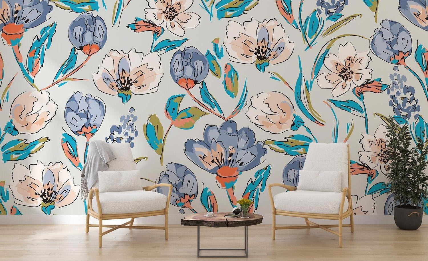 Watercolor floral wallpaper creating a peaceful atmosphere in a modern living room with blue and coral accents