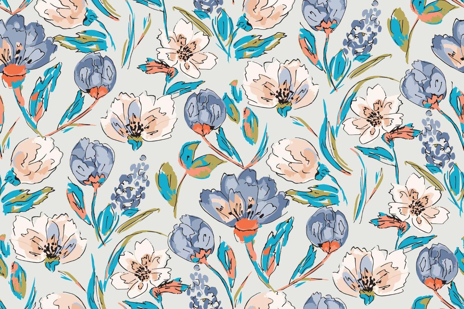 Watercolor floral pattern design file showing detailed blue and coral blooms on light background