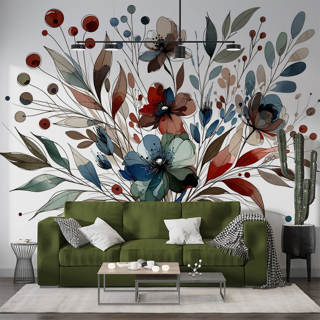 Watercolor floral wallpaper in modern living room showing blue and red blooms creating a peaceful atmosphere