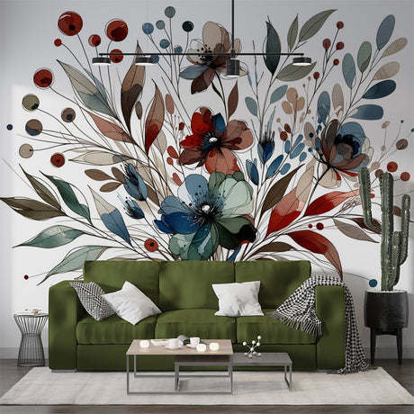 Watercolor floral wallpaper in modern living room showing blue and red blooms creating a peaceful atmosphere