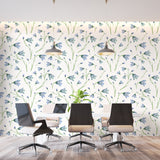 Blue botanical wallpaper with bellflowers brightening home office space
