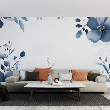 Blue watercolor floral wallpaper creating a peaceful atmosphere in a bright modern bedroom with natural light