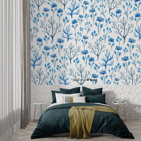 Blue floral wallpaper creating a peaceful atmosphere in a modern living room with natural light