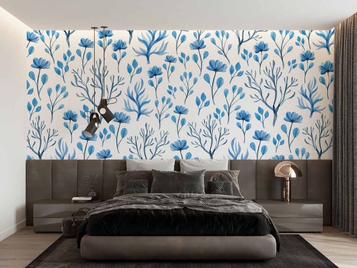Blue botanical mural adding fresh style to a home office space