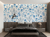 Blue botanical mural adding fresh style to a home office space