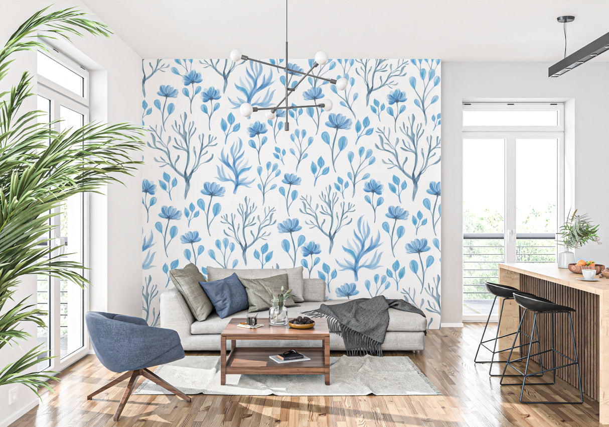 Floral wall mural bringing nature into a bright dining room setting