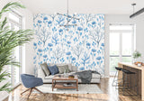 Floral wall mural bringing nature into a bright dining room setting